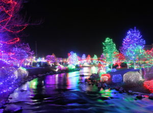 christmas lights by a river