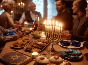 a family enjoying a hanukkah celebration
