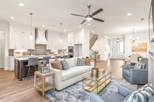 kitchen and living area of new Davidson Woods model home
